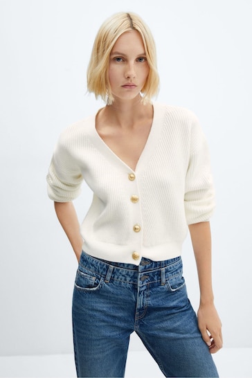 Mango Ribbed White Cardigan with Gold Buttons