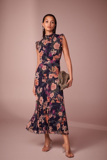 Navy Floral Print Pleated Mesh Floral Occasion Midi Dress