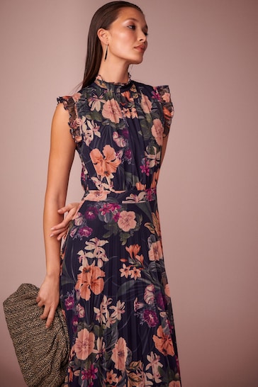 Navy Floral Print Pleated Mesh Floral Occasion Midi Dress