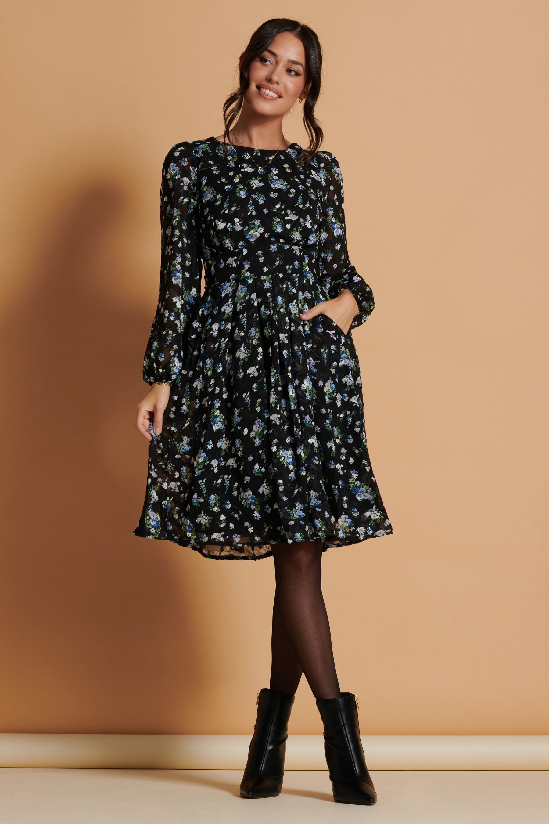 Buy Jolie Moi Black Long Sleeve Chiffon Midi Dress from the Next