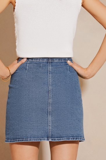 Lipsy Mid Wash Blue Denim Asymmetric Button Mini Skirt