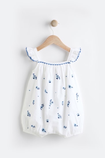White/Blue Floral Embroidered Baby Woven Romper (0mths-2yrs)
