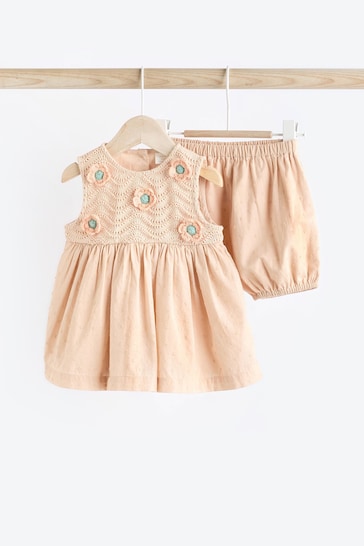 Beige Crochet Detail Baby Woven Dress And Bloomer Set (0mths-2yrs)