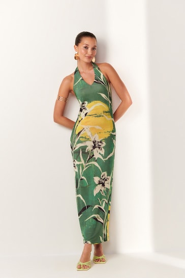 Green Floral Print Halter Neck Maxi Dress