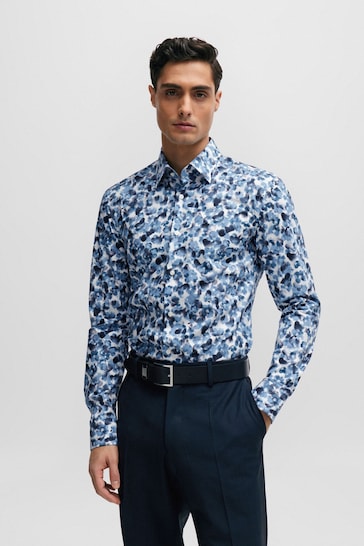 BOSS Blue Floral Print Stretch Cotton Shirt
