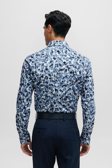 BOSS Blue Floral Print Stretch Cotton Shirt