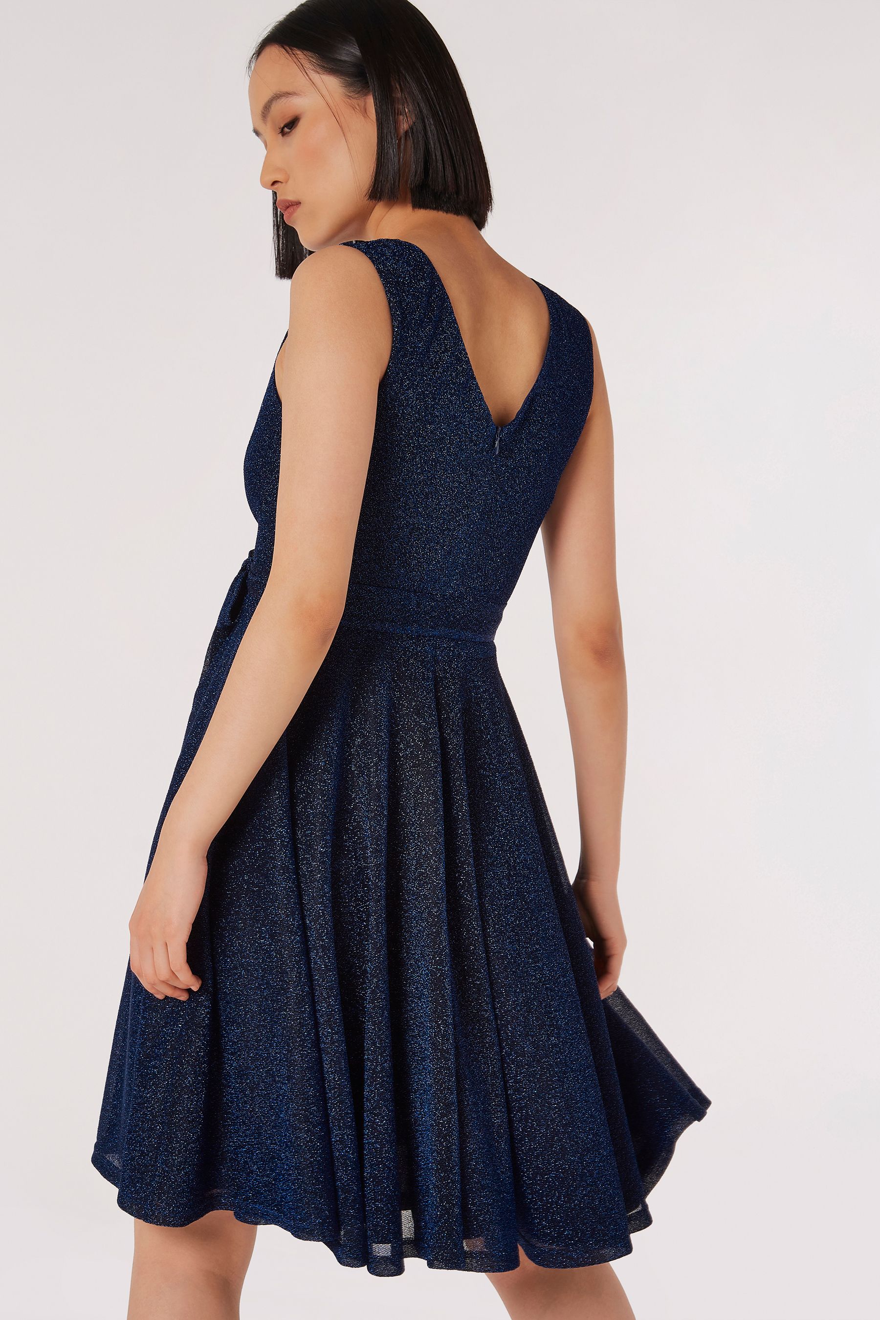 Apricot Blue Pleat V Neck Skater Dress