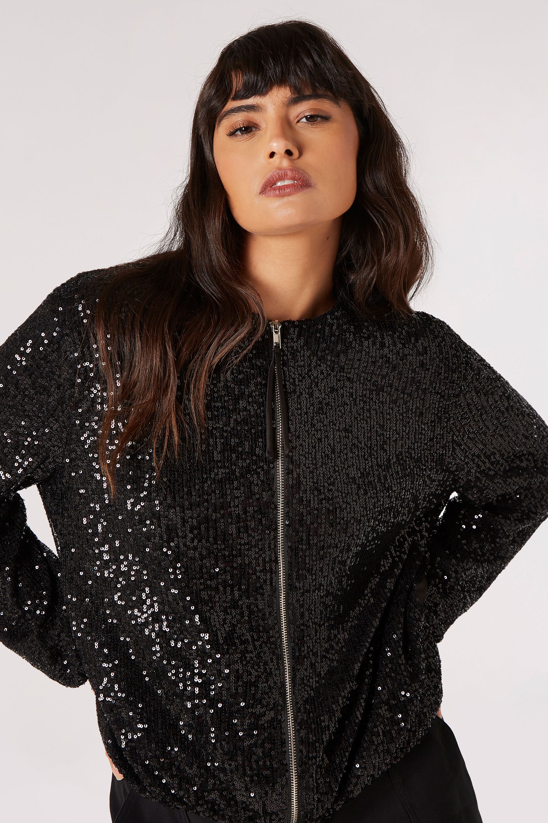 Black sequin bomber jacket uk hot sale