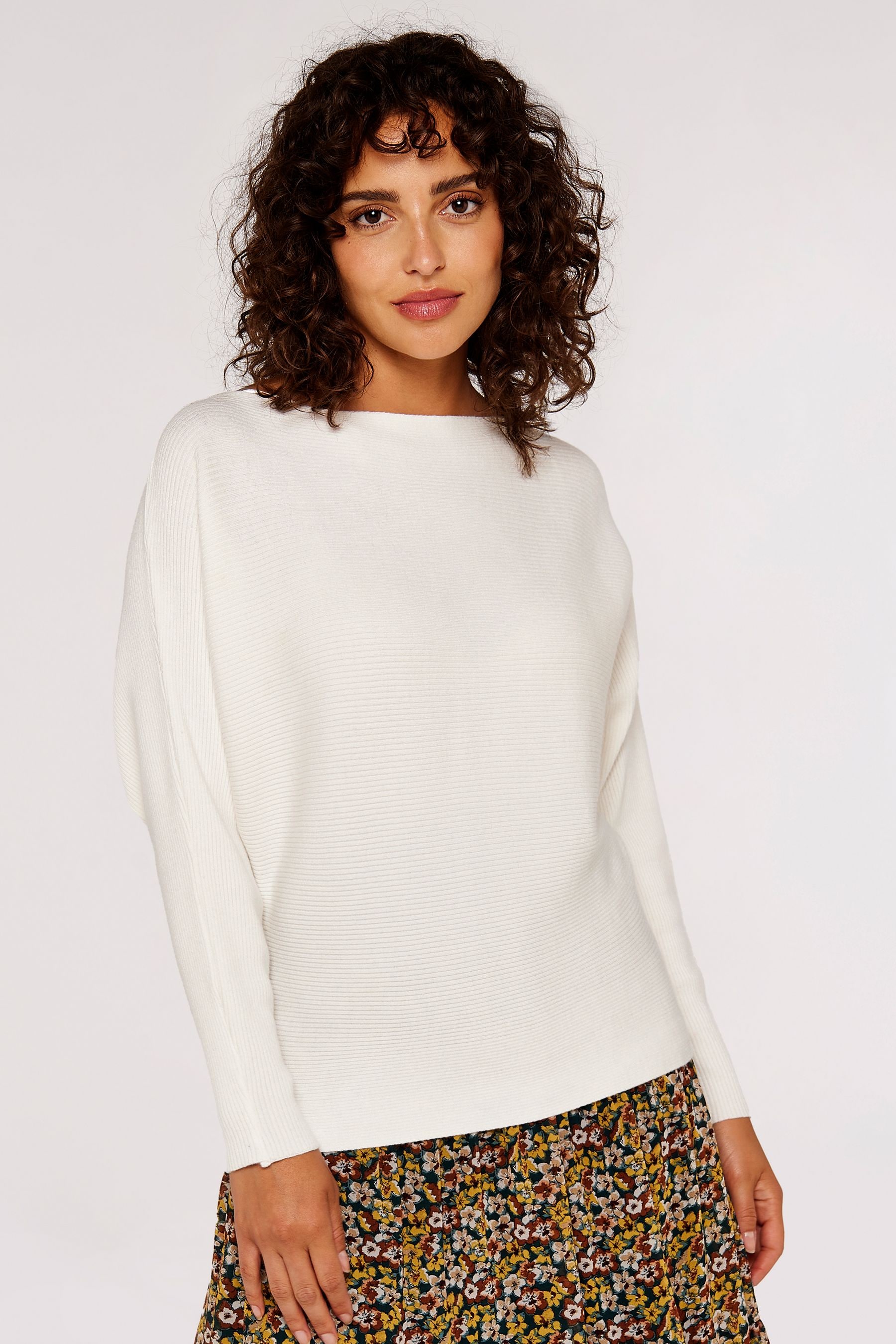 Buy Apricot White Ribbed Slash Neck Batwing Jumper from the Next