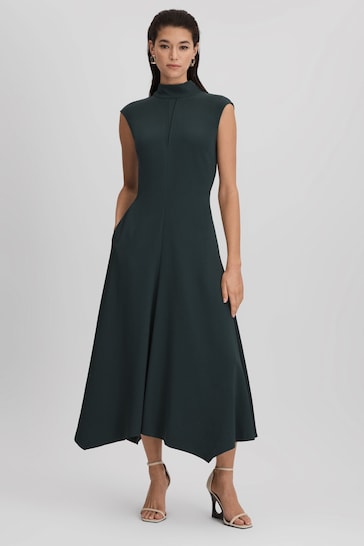Reiss Dark Green Libby Fitted Asymmetric Midi Dress