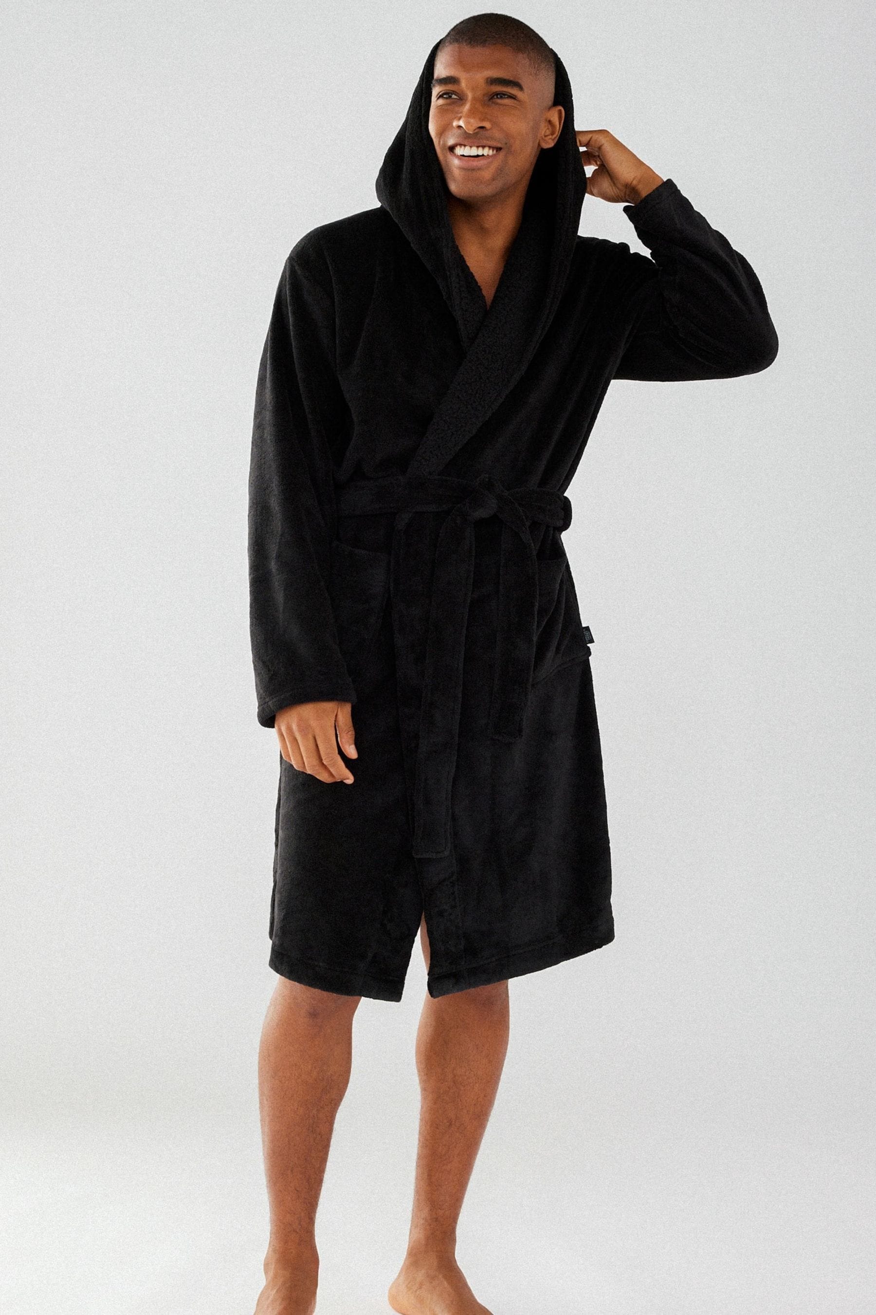 Chelsea Peers Black Mens Fluffy Hooded Dressing Gown