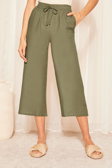 Friends Like These Khaki Green Petite Cropped Wide Leg Culottes With Linen