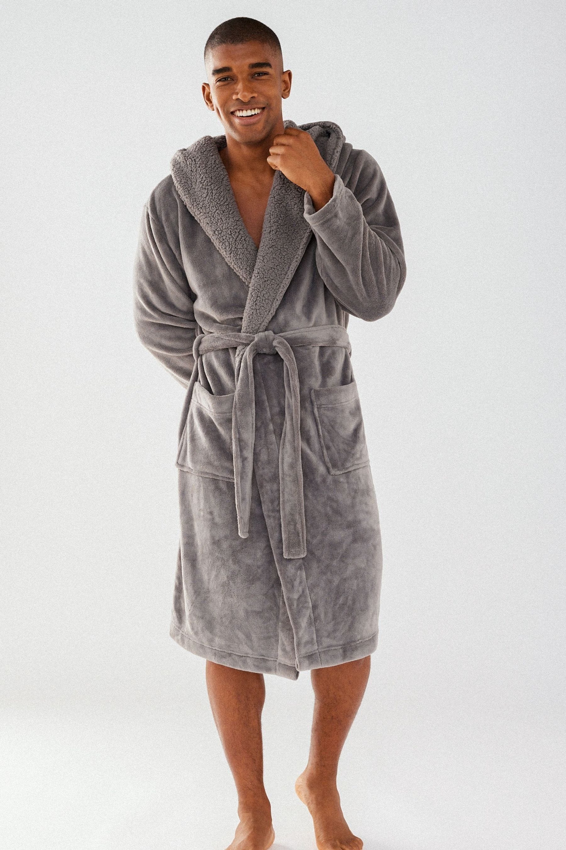 Buy Chelsea Peers Grey Mens Fluffy Hooded Dressing Gown from the