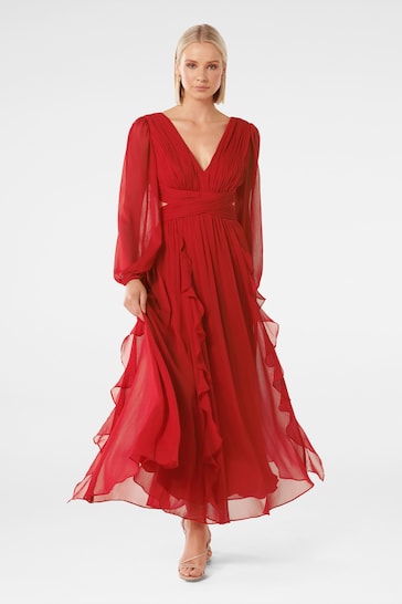 Forever New Red Rosalyn Long Sleeve Frill Dress