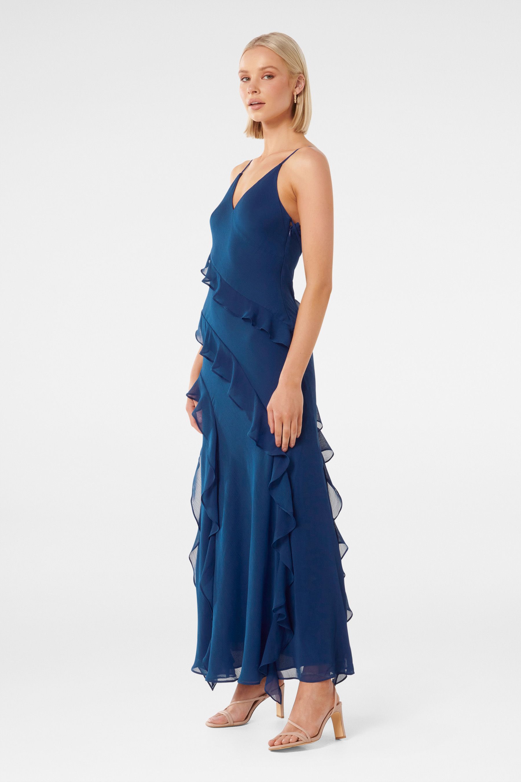 Forever New Blue Poppy Ruffle Gown