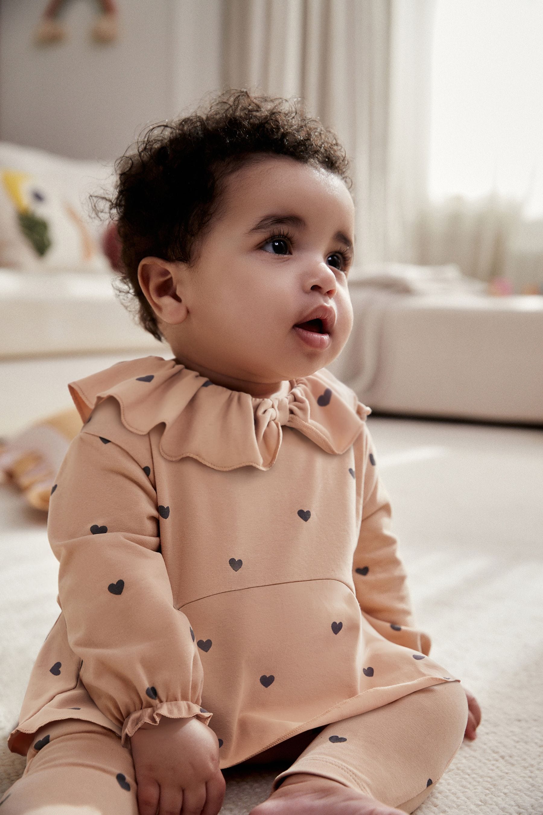 Buy Beige Heart Print Baby Long Sleeve Frill Top And Leggings Set from the Next UK online shop