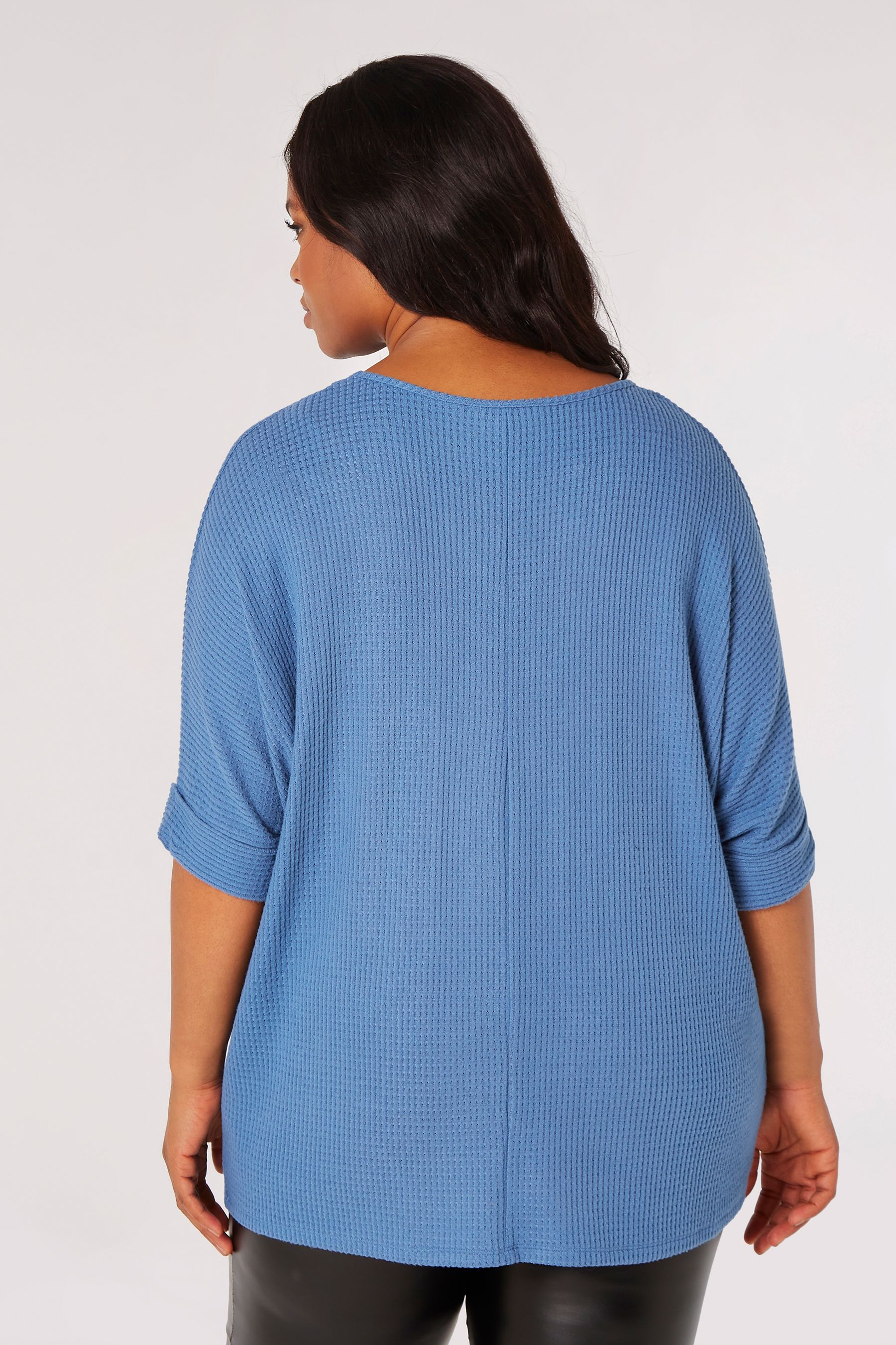 Apricot Blue Soft Textureed V Neck Batwing Top