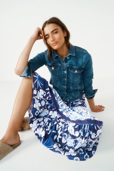 Morris & Co Blue Print Textured Maxi Skirt With Crochet Trim