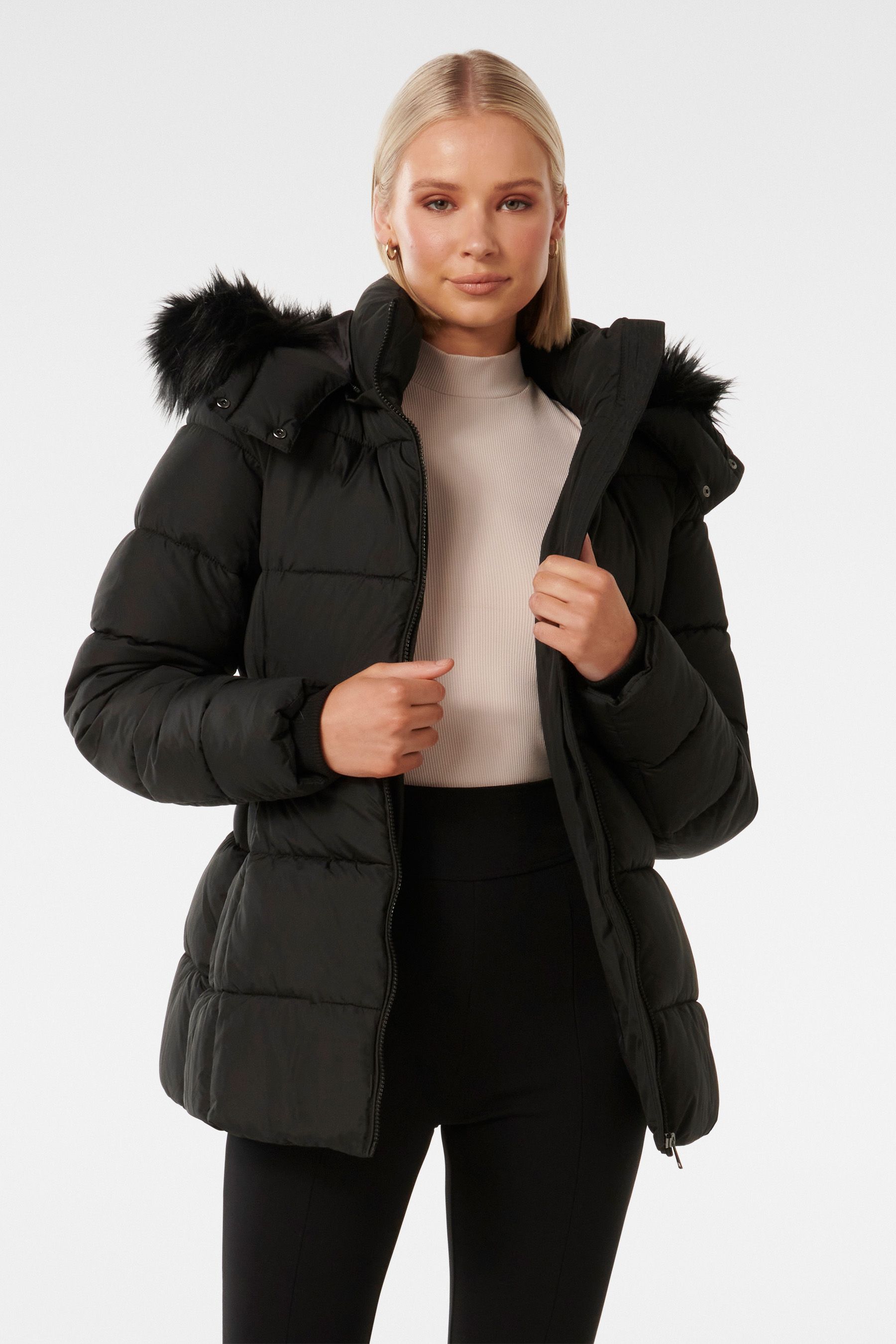 Forever New Black Dannie Mid Length Puffer Coat