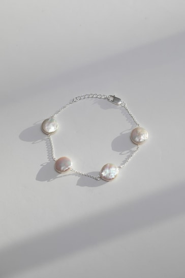 Simply Silver Silver Coin Pearl Bracelet
