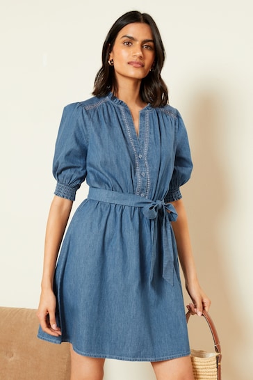 Love & Roses Navy Blue Chambray Trim Puff Sleeve Dress