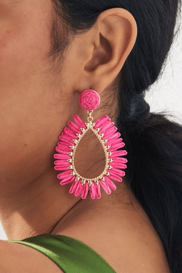 Pink Raffia Teardrop Statement Earrings Made With Recycled Metal