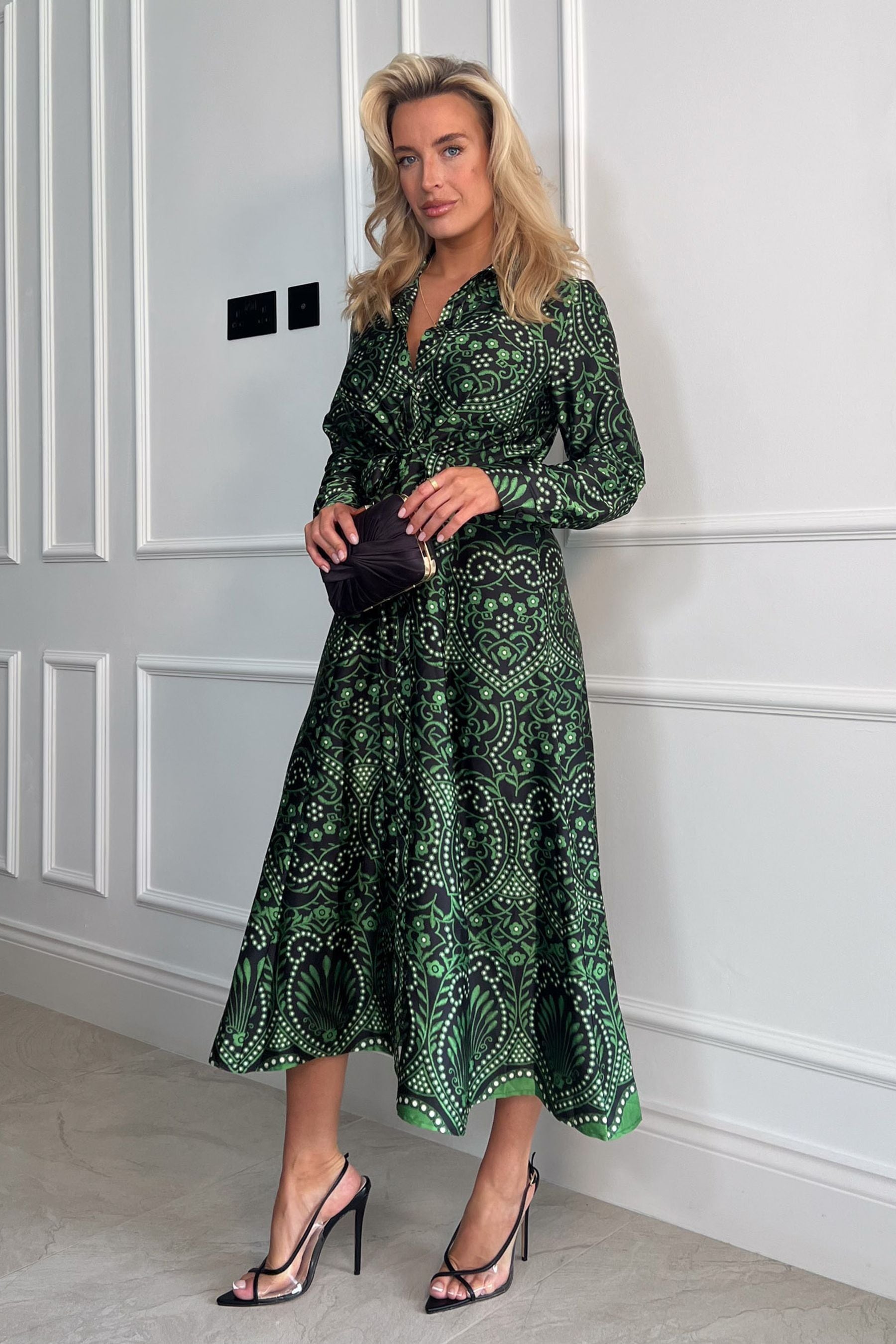 Girl In Mind Green Odette Boarder Print Tie Front Shirt Dress