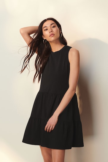 Black Sleeveless Tiered Mini Summer Jersey Dress