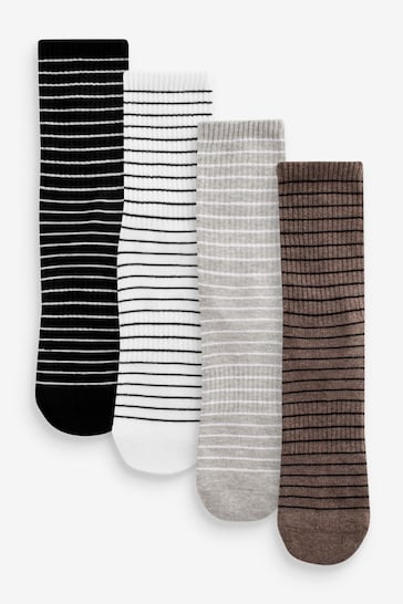 Black/White/Grey/Brown Stripe Cushion Sole Ribbed Ankle Socks With Arch Support 4 Pack