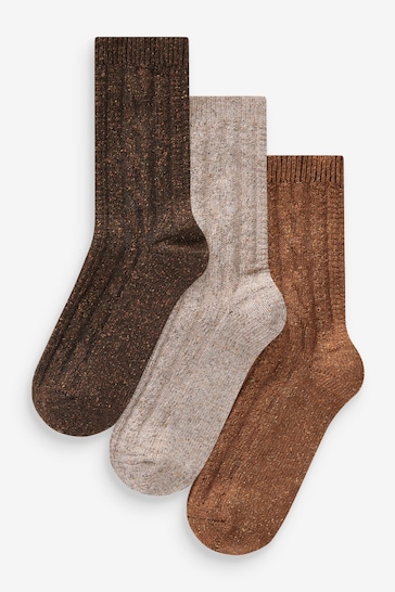 Brown Cable Thermal Wool Blend Ankle Socks With Silk 3 Pack
