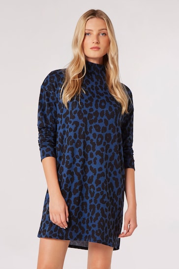 Apricot Blue Cheetah Mock Neck Long Sleeve Dress