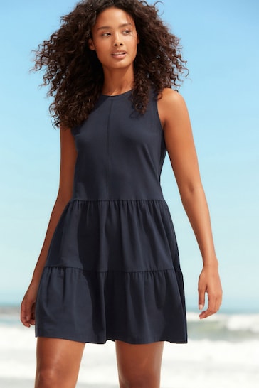 Navy Blue Sleeveless Tiered Mini Summer Jersey Dress