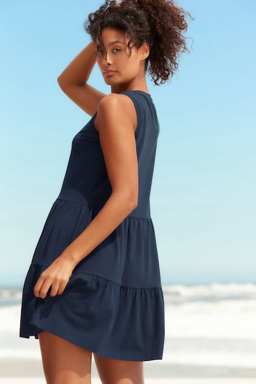 Navy Blue Sleeveless Tiered Mini Summer Jersey Dress