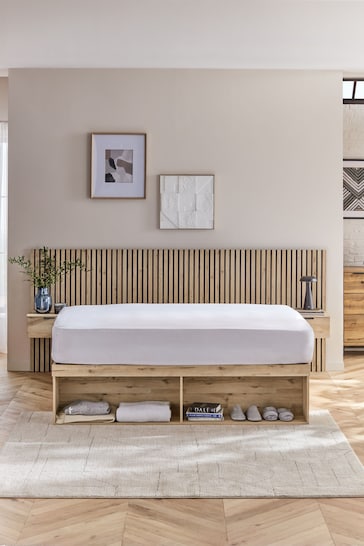 Light Oak Effect Bronx Wooden Hotel Bed Frame with Platform Storage and Bedside Tables