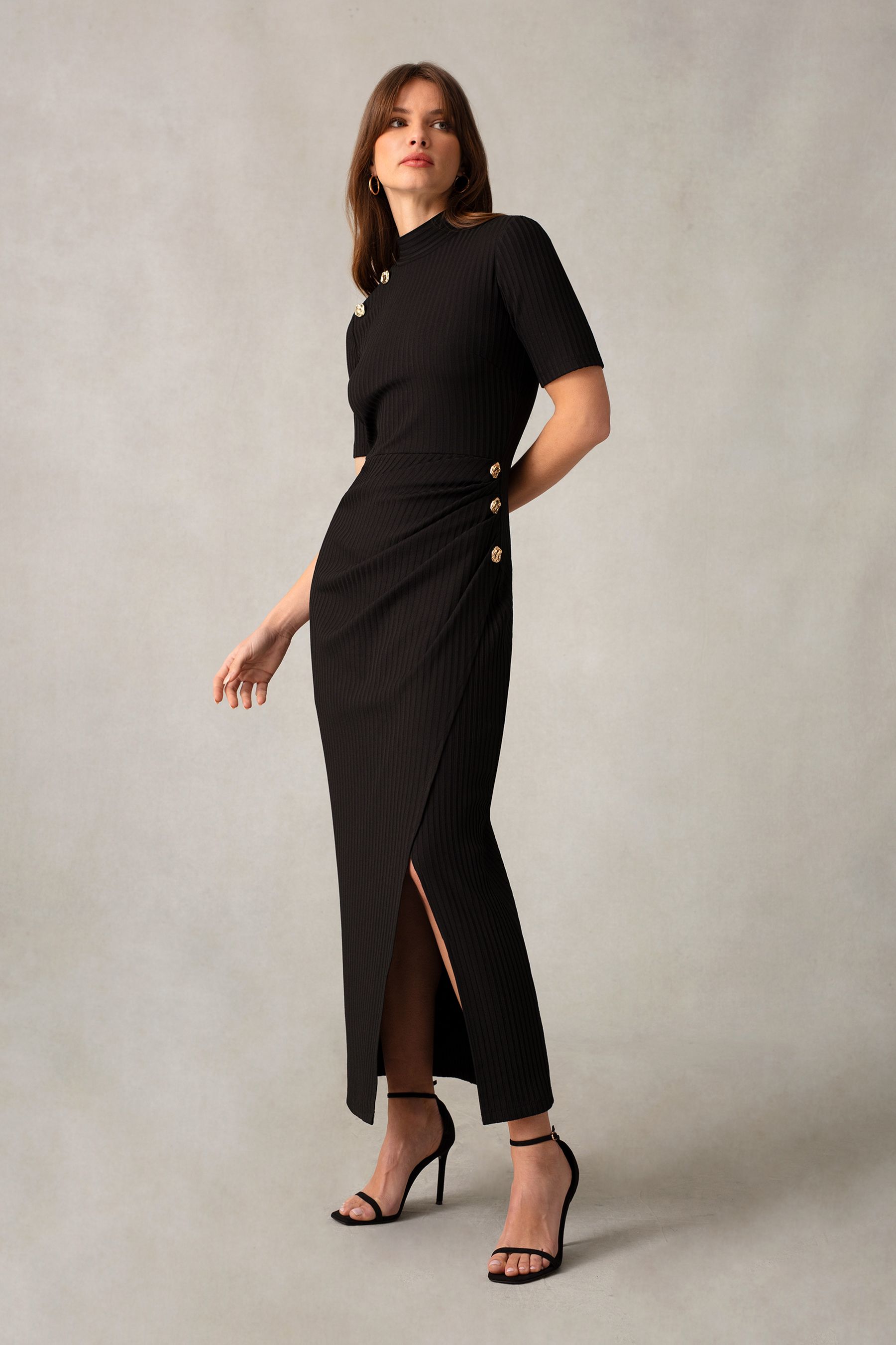 Black ribbed cheap button dress