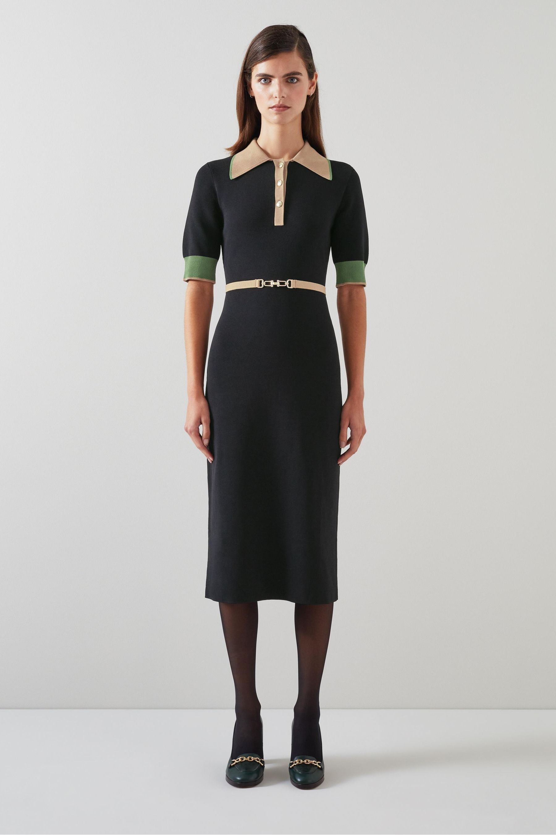 Buy LK Bennett Rosey And Camel Belted Knit Black Dress from the