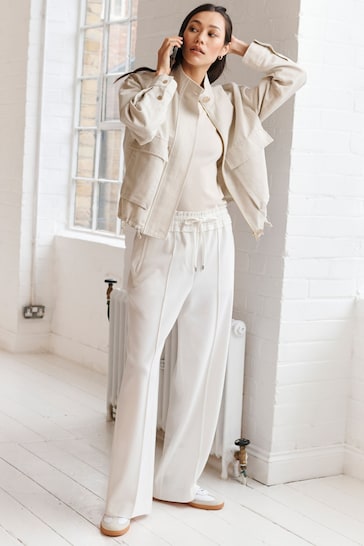 White Textured Elasticated Wide Leg Trousers