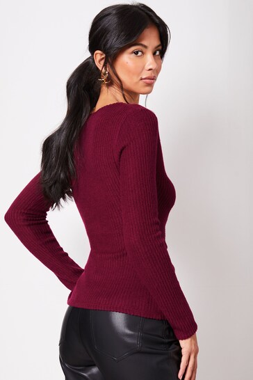 Lipsy Burgundy Red Cosy Rib V Neck Long Sleeve Tie Front Top