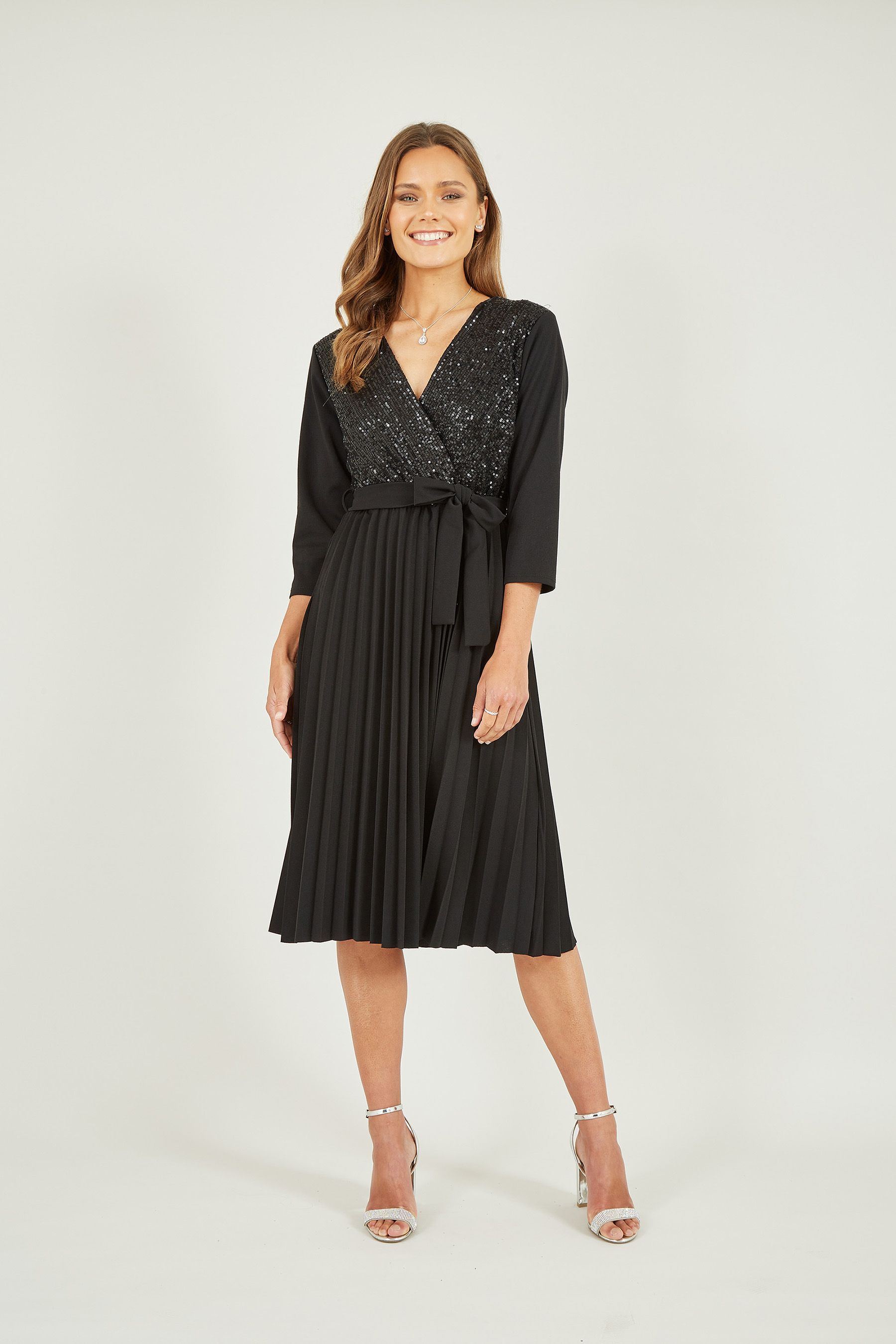 Buy Mela Black Sequin Wrap Midi Dress With Pleats from the Next UK