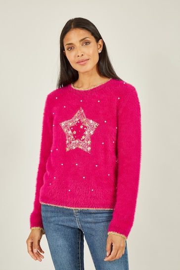 Mela Pink Fluffy Star Christmas Jumper