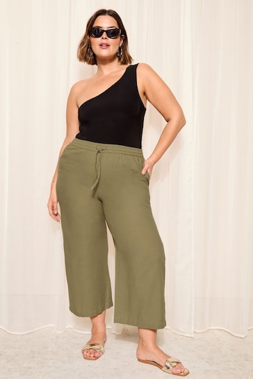 Curves Like These Khaki Green Cotton/ Linen Mix Wide Leg Crop Trousers