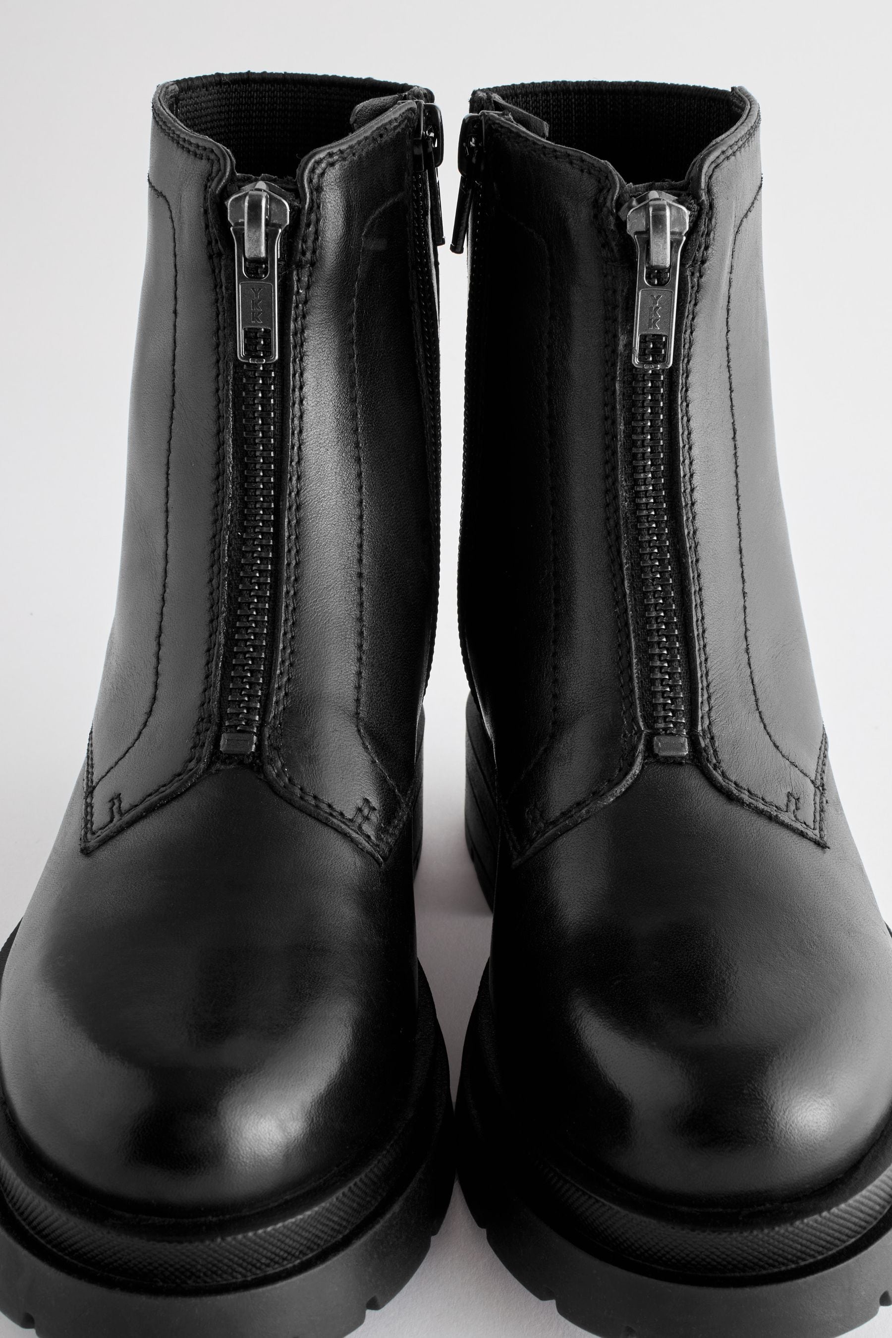 Black Leather Zip Front Chunky Chelsea Boots