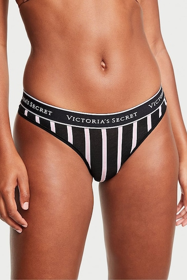 Victoria's Secret Black Classic Stripe Thong Logo Knickers