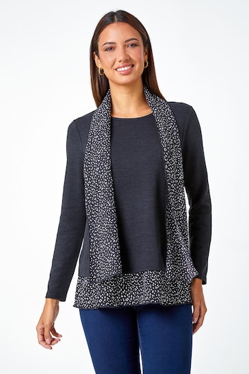 Roman Black Contrast Plisse Stretch Top & Scarf