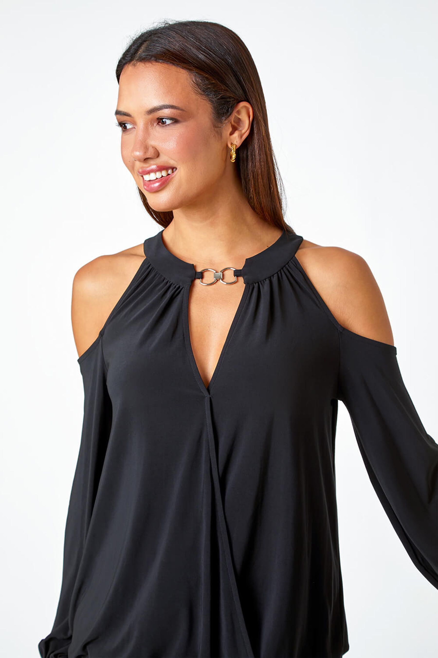 Buy Roman Black Cold Shoulder Wrap Stretch Top from the Next UK