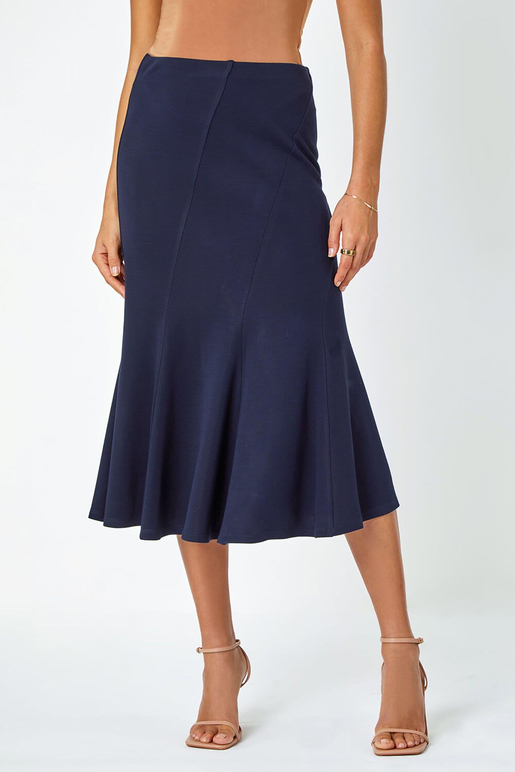 Roman Blue Panelled Flared Midi Stretch Skirt