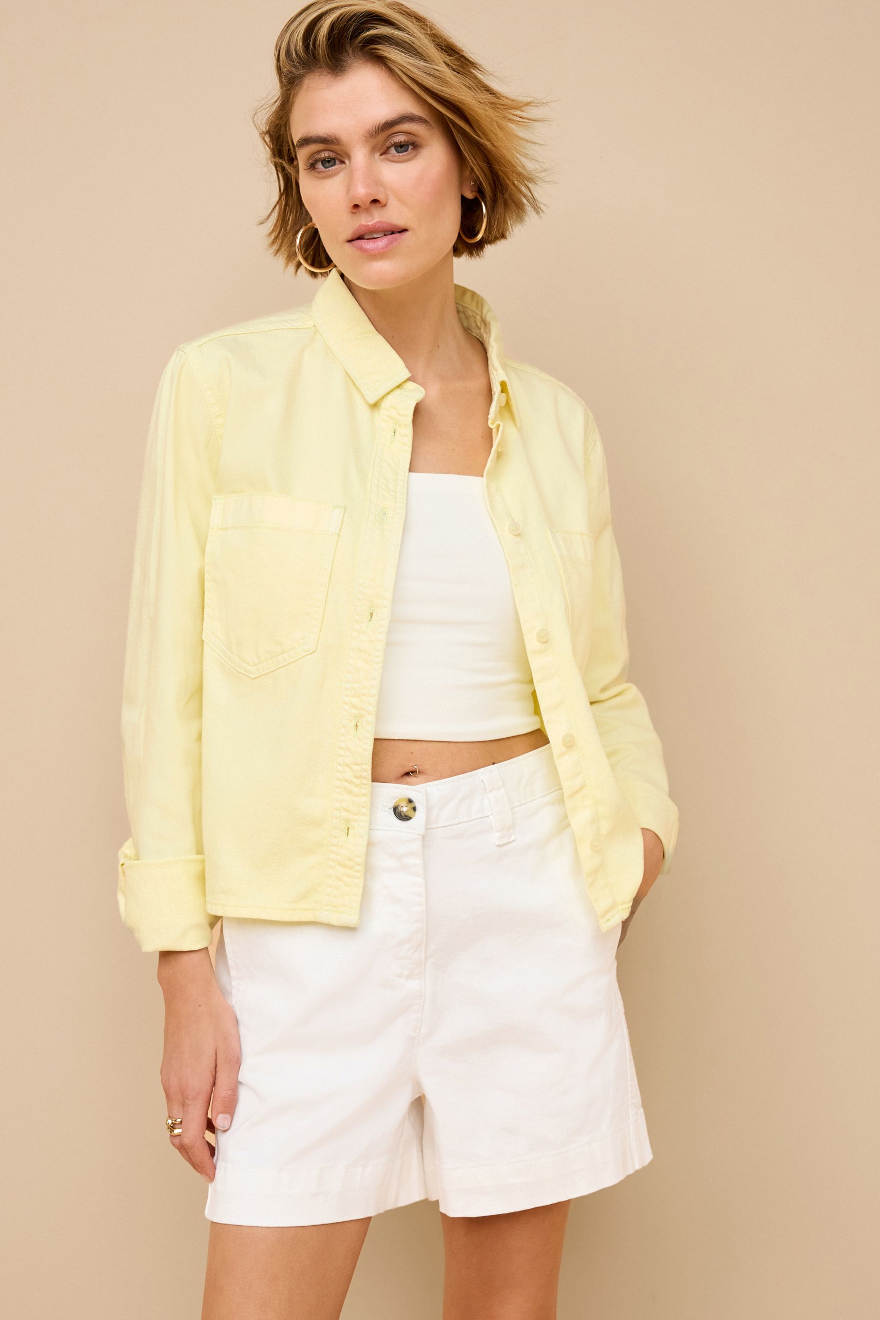 Yellow shirt denim shorts on sale