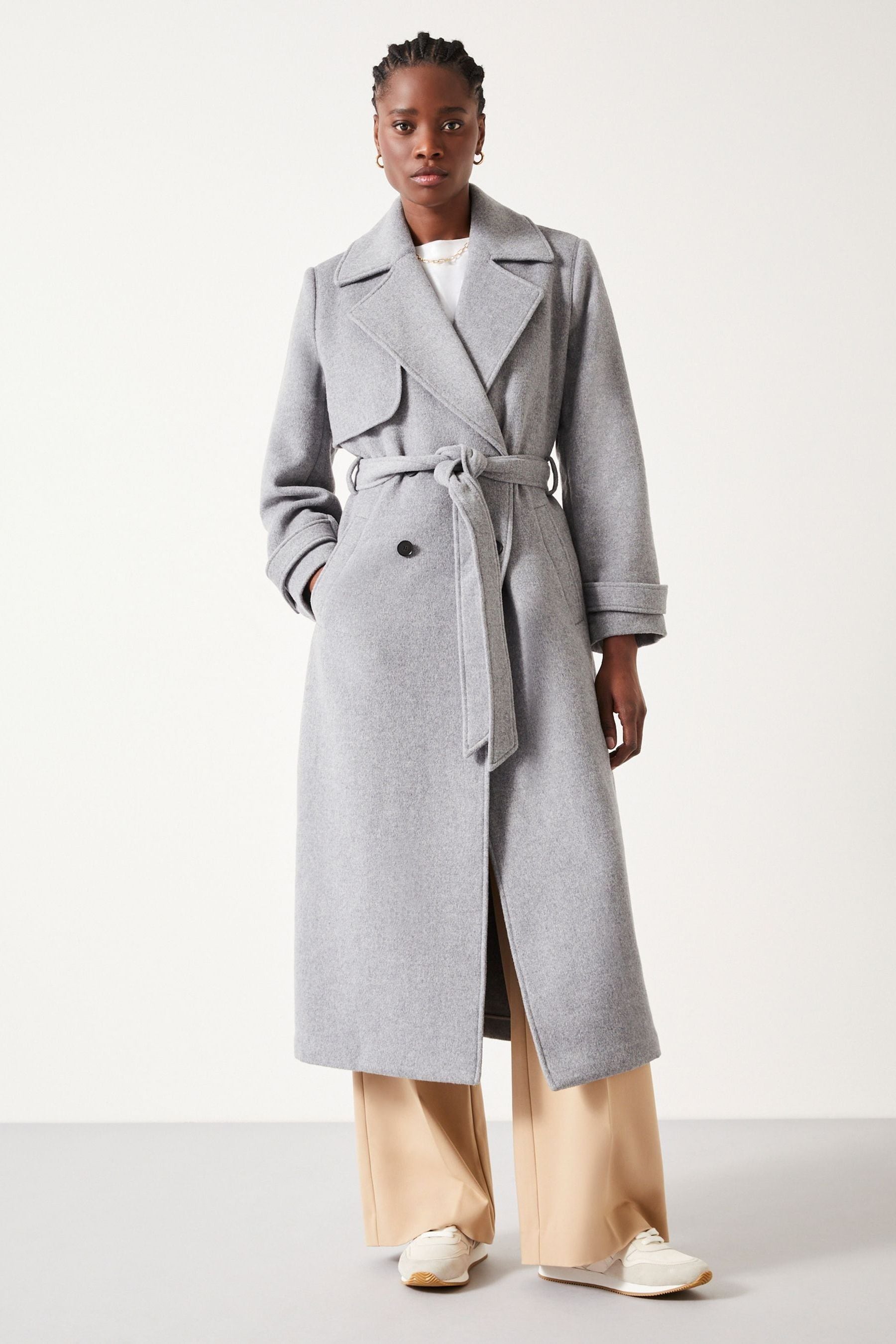 Long grey sale belted coat