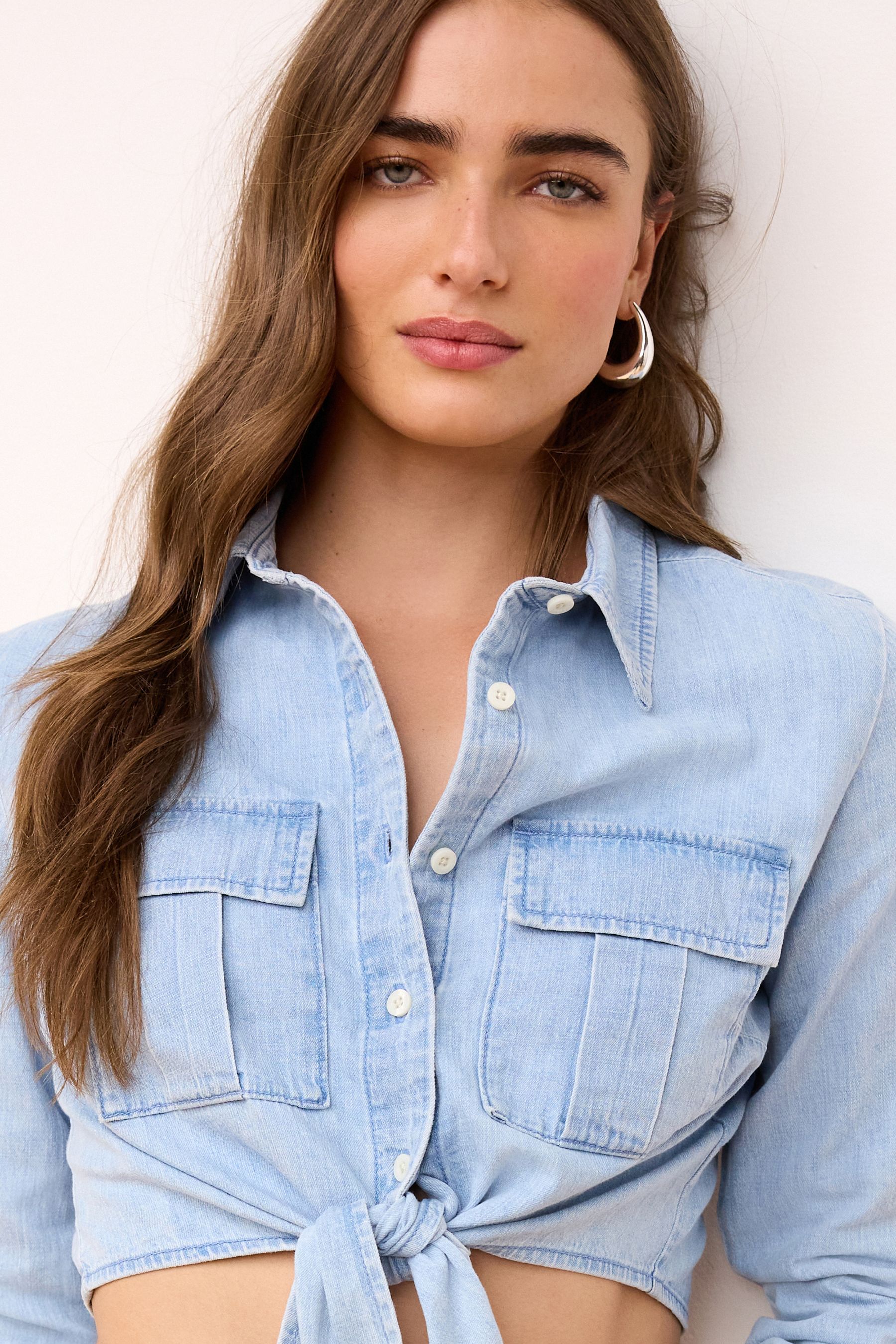 Bleach Tie Front Cropped Denim Shirt