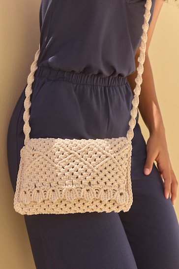 White Macramé Crochet Cross-Body Bag
